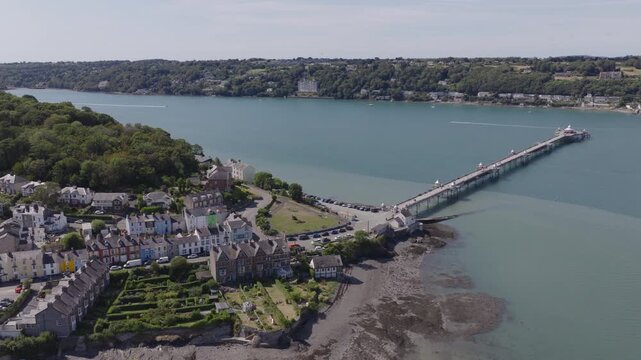 Aerial view of Garth Pier in Bangor. Grade II listed British Victorian pier in the north of Wales, United Kingdom