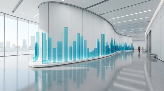 Abstract installation of illuminated blue cylinders in a modern museum or gallery space