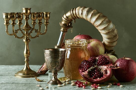 Polished brass menorah and shofar horn with honey and pomegranate for Rosh Hashanah, a traditional Jewish still life on a sage green surface