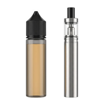 Vape E-liquid Bottle and E-cigarette Device Isolated on Black Background