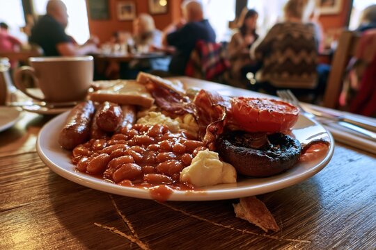 A hearty full English breakfast with glossy baked beans, sausages and bacon on a rustic wood table in a cozy cafe, perfect for comfort food dining and morning brunch marketing