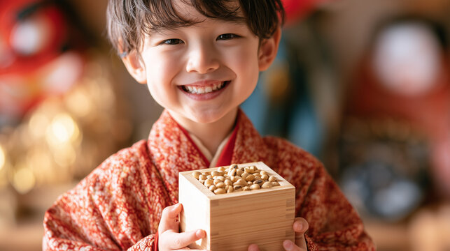 Japanese child wearing a traditional kimono holding a wooden masu box filled with roasted soybeans centered in the composition, festive Setsubun decorations