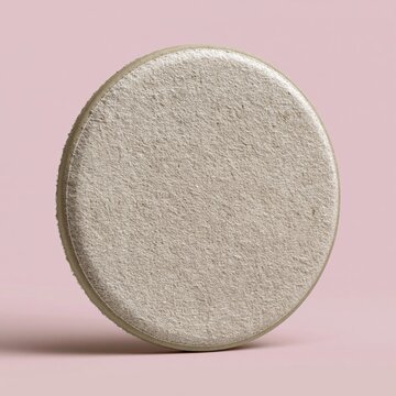 A blank round cardboard coaster with a fibrous texture on a coral pink background, featuring a soft warm mood and empty face for mockup designs