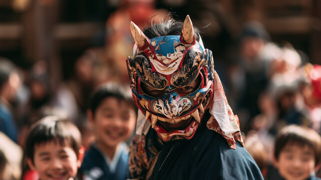 Japanese man dressed as a friendly oni demon wearing a colorful traditional mask centered during a lively Setsubun celebration, smiling children and temple softly blurred behind, cultural festival