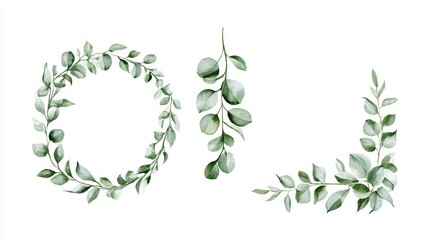 Fototapeta premium Watercolor eucalyptus leaves wreath and corner frame isolated on white background
