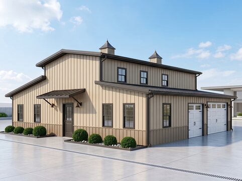 Two-story beige metal barn-style home with cupolas black roof and attached garage on concrete driveway under blue sky
