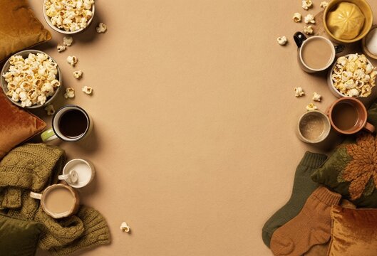 Cozy movie night background with popcorn bowls and warm mugs arranged as a decorative border around a large central copy space for streaming ads
