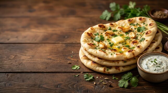 Garlic naan bread with butter and cilantro served with yogurt dip on wooden table.
