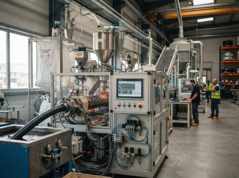 A modern factory houses an industrial plastic extrusion machine, part of an automated production line equipped with a control panel, pneumatic system, and material feeders for plastic processing
