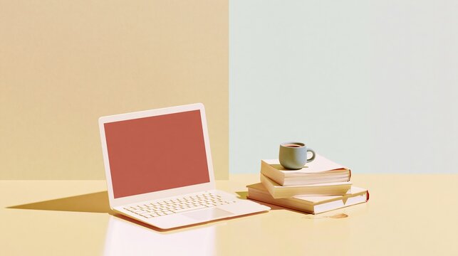 Open laptop with blank screen beside a stack of books and coffee cup on a golden desk with copy space for online education and digital learning