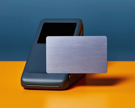 Brushed metal contactless credit card hovering over a matte terminal reader for fintech design and payment mockup backgrounds