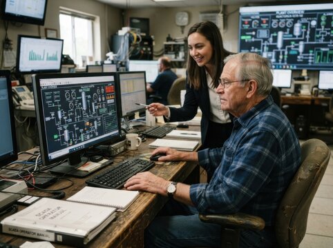 Senior man studying SCADA technology for industrial plants on a computer screen