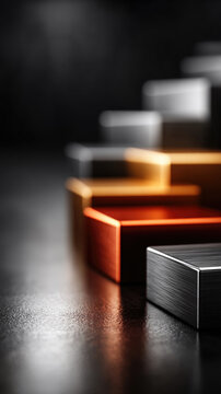 Abstract metal blocks forming a gradual step arrangement illustrate concepts of ranking, hierarchy, business growth, and continuous progress in an upward direction