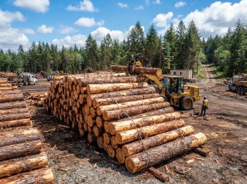 Freshly felled pine logs are piled outside beneath a bright blue sky, highlighting the natural texture of wood and the forestry and logging industry