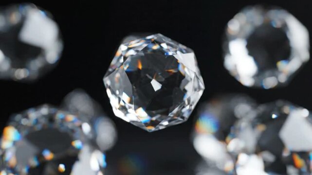 Close-up of sparkling faceted glass crystals floating on a dark background