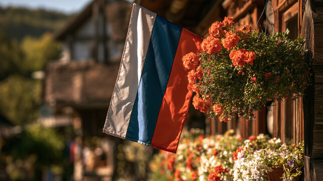 Russian flag hanging beside a traditional wooden cottage decorated with blooming flowers