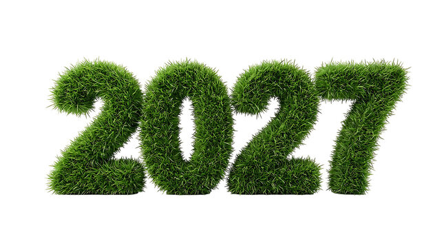 Three dimensional numbers 2027 shaped from fresh green grass isolated on a solid black background