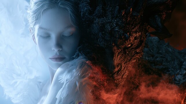 A conceptual portrait showing a peaceful woman with closed eyes beside a dark, textured demonic figure emerging from smoke and embers
