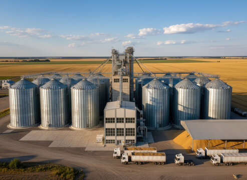 A sizable, contemporary facility dedicated to storing and processing grain, with a view of the granary on a bright, blue‑sky day, marking the conclusion of the harvest season
