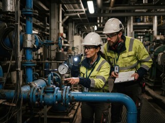 Fototapeta premium Two engineers wearing safety equipment scrutinize blue industrial pipes in a poorly lit maintenance zone, underscoring their technical inspection duties