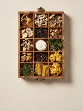 Vintage wooden printer typesetter box filled with wild mushrooms, pasta, and herbs for an autumn culinary theme, hanging on a warm cream wall with copy space