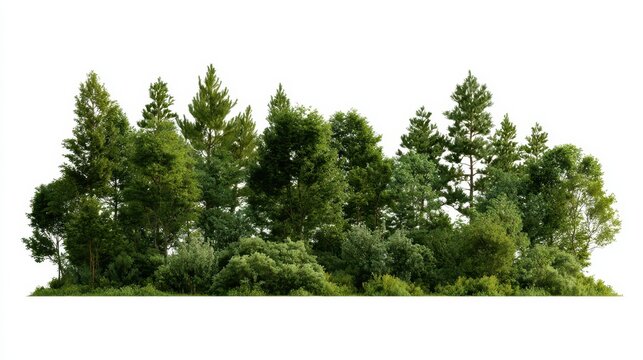 A lush forest edge featuring a mix of pine and broadleaf trees isolated on white background