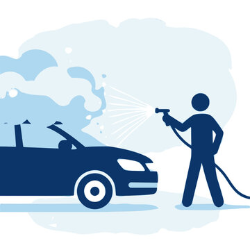 Worker spraying active foam on a car silhouette: Design for car wash signage, auto detailing services, or maintenance service flyers. Transparent background SVG version.
