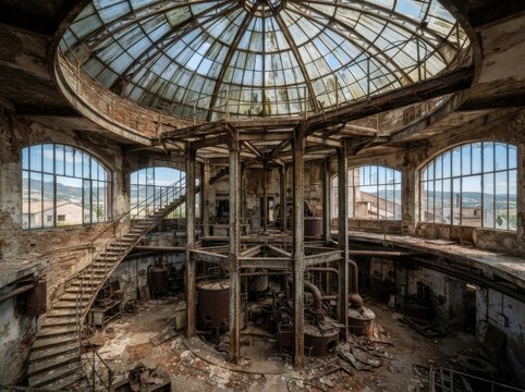 Italian abandoned distillery tower &ndash; a circular industrial structure featuring a glass dome, steel beams, panoramic windows, a deteriorating factory interior, urban exploration vibes, and