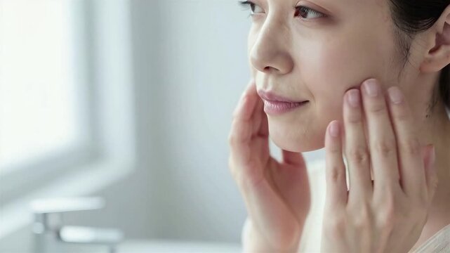 Japanese woman checking her cheek and wrinkle under eyes looking at mirror in bathroom, Skincare and aging concept, 4K, Seamless loop, Copy space on the left