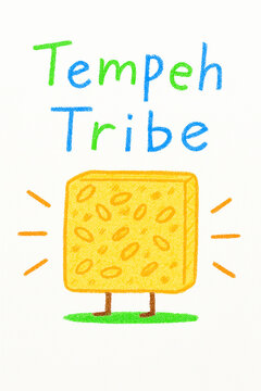 The vibrant and cheerful illustration titled 'Tempeh Tribe' creatively showcases a happy piece of tempeh with lively colors and cartoon-like features that appeal to food lovers and vegans alike