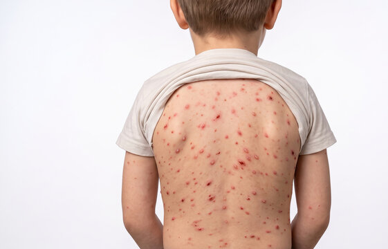 Back view of a child covered in itchy chickenpox varicella blister rash and red spots