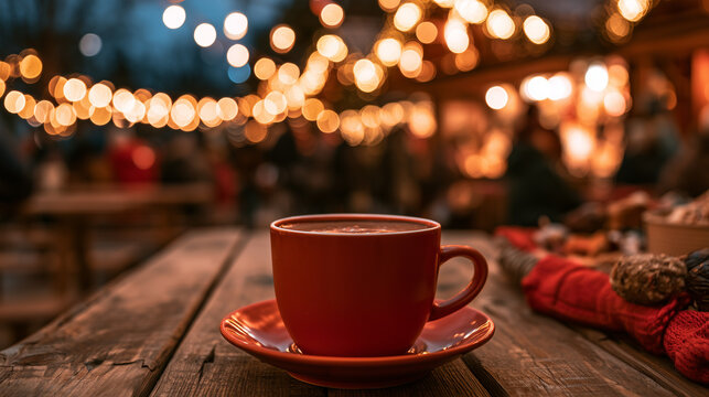 Traditional German Christmas market mug of hot chocolate centered on a rustic wooden table