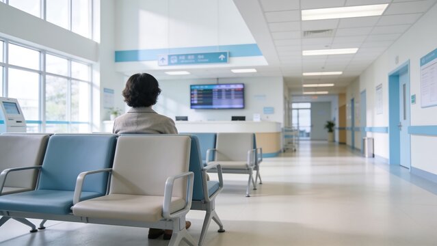 Generative AI portrays a solitary individual waiting in a modern hospital corridor