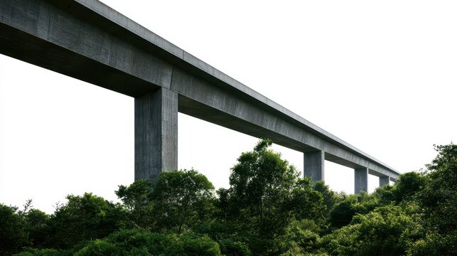 Close up view of a massive concrete bridge pier and deck isolated on white background