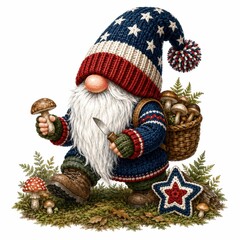 Fototapeta premium A whimsical gnome dressed in patriotic knitwear gathers mushrooms in a forest, holding a knife and basket full of fungi.