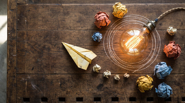Business Startup Journey Concept with Paper Plane and Glowing Lightbulb Representing Creative Innovation