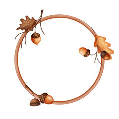 Autumn wreath, Illustration acorn, oak branch with leaf. Template round hand drawn in children's style on isolated background for design postcards, holidays, clothes, dishes © Evgeniia