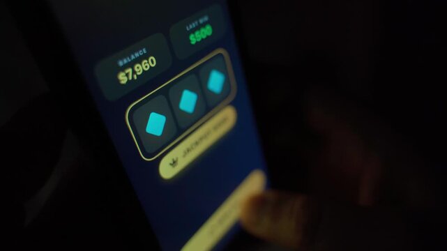 Gambling addict playing slots on smartphone in the dark. Wins and jackpots on screen close-up