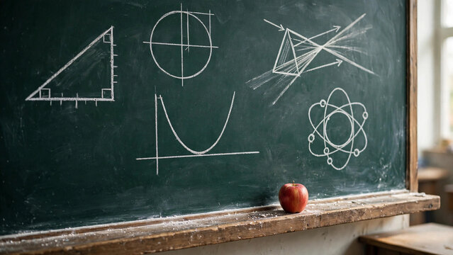 Vintage green chalkboard with hand-drawn geometry and physics diagrams, classroom blackboard with red apple, academic science and math education concept