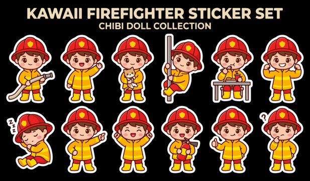 Firefighter stickers present an array of heroic chibi characters in protective gear performing emergency rescue tasks and training exercises.