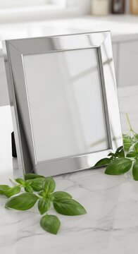 A sleek silver picture frame rests on a polished white marble surface, surrounded by vibrant green basil leaves in a bright kitchen setting, plant, minimalist, design