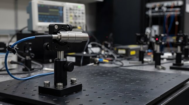 fiber optic collimator secured on an optical breadboard in a precision photonics laboratory for laser beam alignment, optical testing, and research