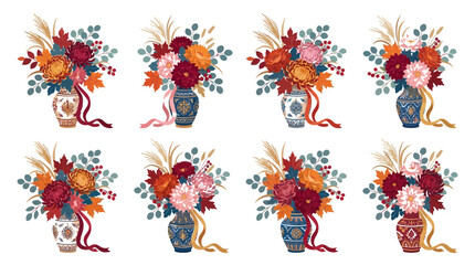 Fototapeta premium Vibrant collection of autumnal floral vector arrangements featuring chrysanthemums inside elegant ornate ceramic porcelain flower vases