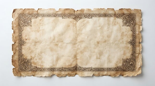 Rectangular aged parchment paper with torn, deckled edges and a dark brown ornate victorian-style filigree floral border on a white background