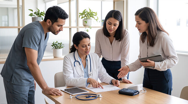 Healthcare team collaborating around medical equipment during a clinical discussion