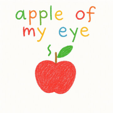 A colorful illustration featuring a bright red apple with the playful phrase 'apple of my eye' creatively displayed above it, capturing a whimsical childhood sentiment and bringing cheer to any