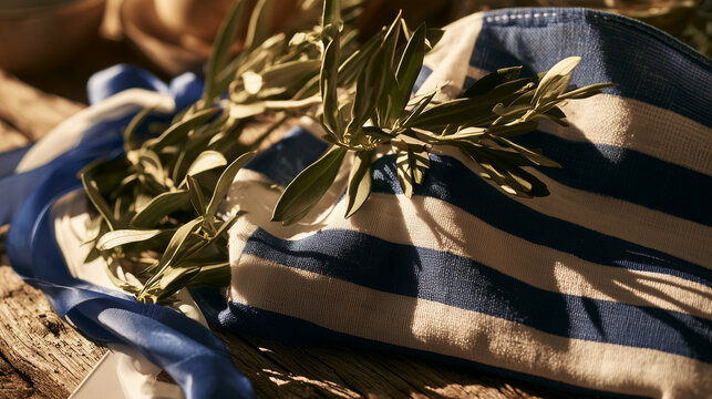 Close-up of a Greek flag decorated with olive branches centered on a rustic wooden table