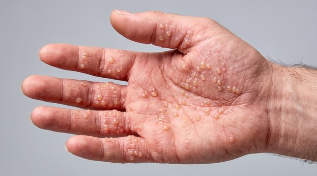 Close up of human hand palm covered with severe dyshidrotic eczema pompholyx blisters and itchy rash