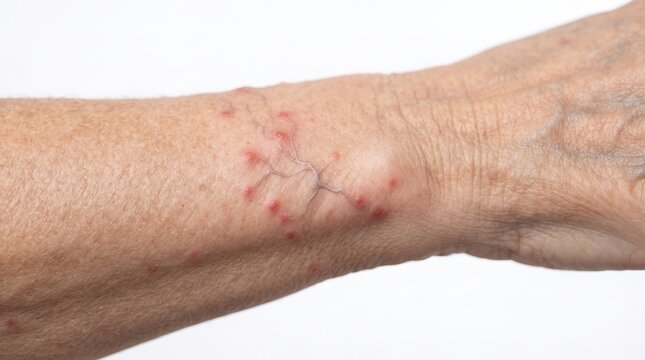 Close Up of Senior Arm with Vasculitis Petechiae or Red Papules and Visible Veins