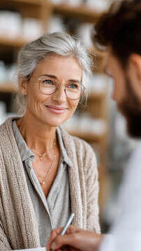 Senior woman smiling while receiving medicine in a dropper bottle from a healthcare professional, symbolizing active healthy aging and modern wellness